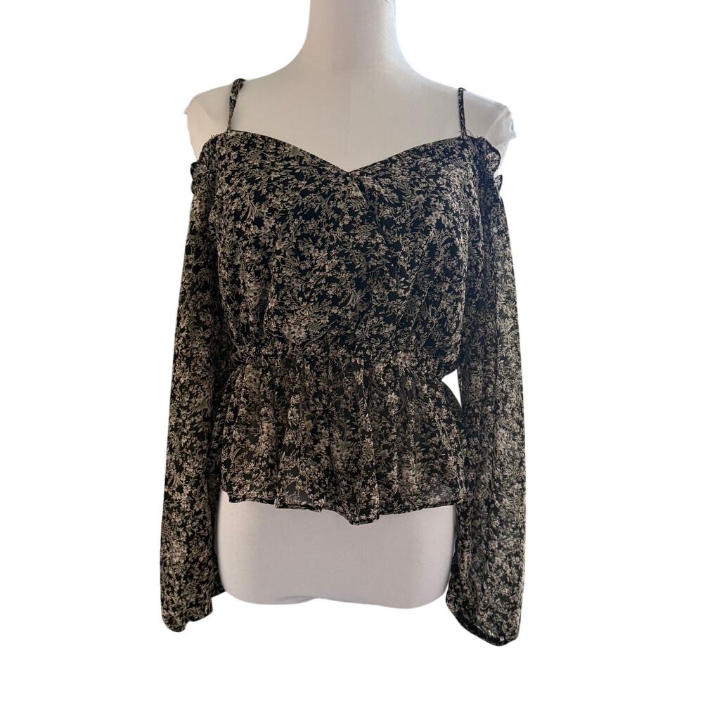 Black Floral Off Shoulder Long Sheer Sleeve Peplum Blouse Large Coquette Cottage